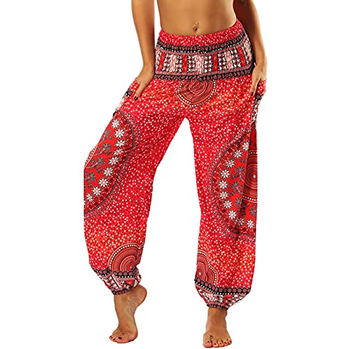 Nuofengkudu Femme Harem Pantalon Sarouel Thaïlandais Hippie Baggy Léger Boho Ethnique Smockée Taille Haute avec Poches Yoga Pants Été Plage ,Rouge Fleur,Taille unique