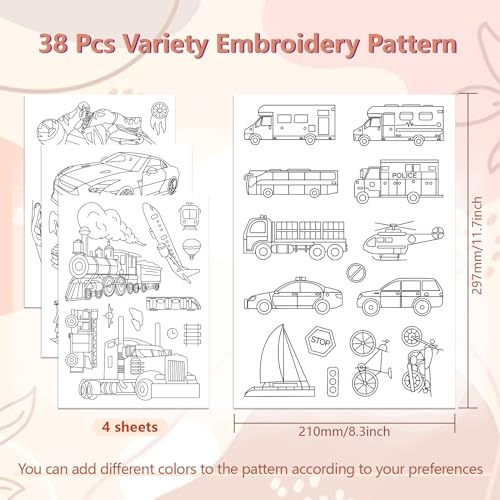 peacoblue Water Soluble Embroidery Patterns for Beginners 4 Sheets Cool Motorcycle & Others with 38pcs Patterns - Image 2