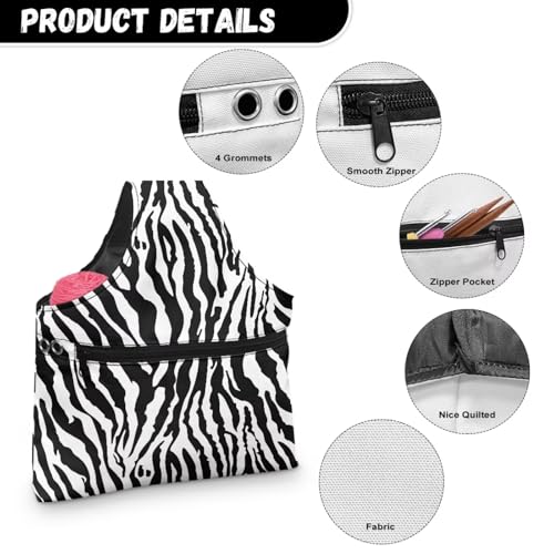 Image of KUIFORTI Knitting Yarn Bag Zebra Print Yarn Bags for Crocheting on The Go Black Crochet Storage Bag for Women Girls at Home Travel Yarn Tote for Crochet Accessories, Knitting Needles, Large Size