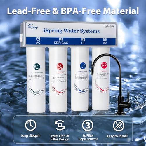 Image of iSpring CUA4-BLK 0.01 Micron Ultra Filtration Under Sink Water Filter System, High Capacity Tankless 4-Stage Ultrafiltration Water Filter, Removes 99.99% Contaminants, Quick Filter Change with Faucet