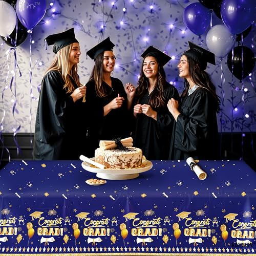 Image of KatchOn Graduation Tablecloth - Pack of 3, 54x108 Inch | Blue and Gold Graduation Decorations 2026, Congrats Grad Tablecloth | Graduation Table Decorations 2026, Plastic Tablecloth Disposable