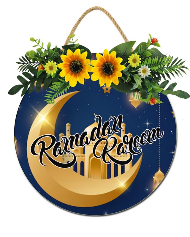 Horienteeon Ramadan Kareem Door Sign Eid Mubarak Wooden Hanging Decor Eid Mubarak Moon Ornament Ramadan Welcome Door Plaque Wall Hanging Sign For Home Room Decorations Round 12"