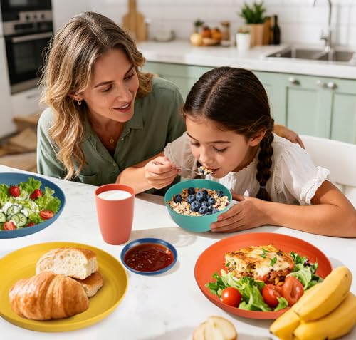 Image of Wheat Straw Dinnerware Sets, Unbreakable Plates and Bowls Sets of 16, Kids Dinnerware Set Sevice for 4, Dishwasher & Microwave Safe Dish Set for Kitchen, Outdoor, Camping - Multi
