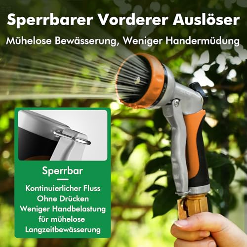 RESTMO Gartenbrause, Metall Hochdruck Garten Handbrause, 7-Funktionen Spritzdüse und Einstellbarer Wasserdurchfluss Spritzpistolen Bewässerungspistole für Bewässerung, Autowaschen,Orange