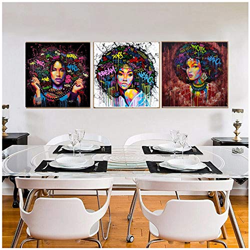 Femmes afro-américaines Portrait Wall Art Noir Abstraite Afro Affiche Toile Peinture Cuisine Bureau Home Decor Graffiti-50x50cm No Frame Cover