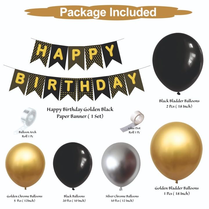 Image of Happy Birthday Balloons Decoration Kit - 41 Pcs Black, Golden & Silver Balloons Garland Set for Birthday Decoration | Birthday Party Decoration Set for Celebrations for Kids & Adults