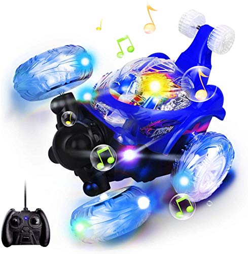 Swonuk - Coche teledirigido para coche, recargable, 360 grados, con música y luces LED, juguete de carreras para niños, color azul