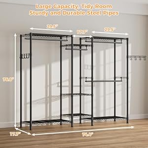 TONNSO T09 Heavy Duty Closet Garment Rack 7 Tiers Adjustable Metal Freestanding Clothing Storage Closet with 4 Hanger Rods Easy to Assemble Wardrobe 744 L x 177 W x 768 H Black