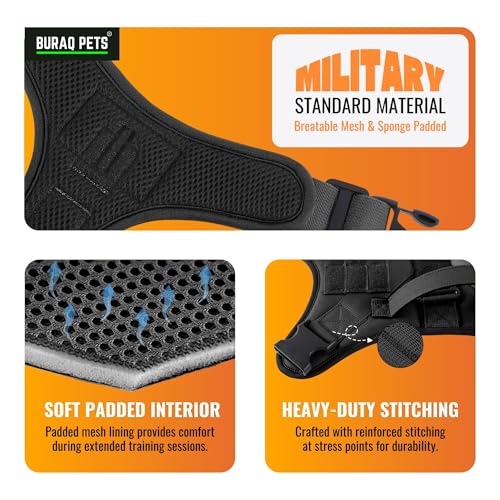 Image of Buraq No Pull Tactical Dog Harness for Large Dogs, Heavy Duty, Adjustable Pet Harness with Handle for Easy Control, Dog Vest for Walking, Training, Hiking (M - Black)