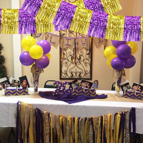 Image of BEISHIDA 3 Packs Metallic Foil Fringe Garland Purple Gold Wall Hanging Tinsel Fringe Banners for Car Floats Bridal Shower Wedding Birthday Graduation Holiday Party Decoration(30 Feet)