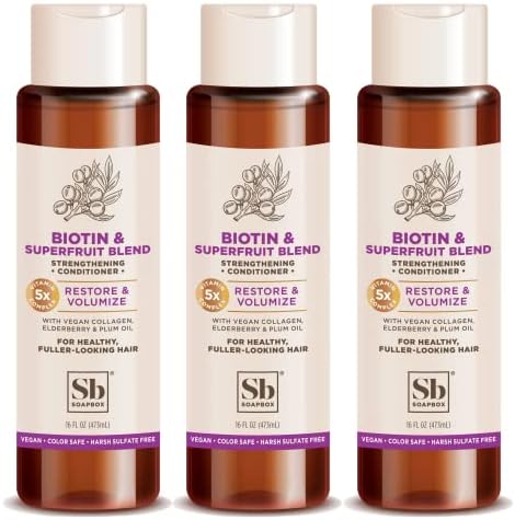 Soapbox Biotin & Superfruit Conditioner, Volumizing, Vegan, Color Safe, Sulfate & Silicone Free Hair Conditioner w/Elderberry and Plum Oil - 16oz, Pack of 3