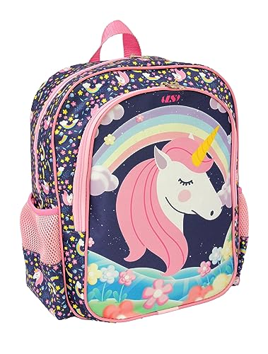 Mochila Feminina Infantil LS Unicórnios Azul Média Com 4 Divisões - MO3183