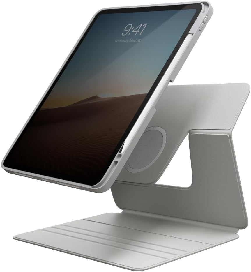 iPad Pro 11 in UNIQ Rovus Case, standing vertically on its foldable stand.