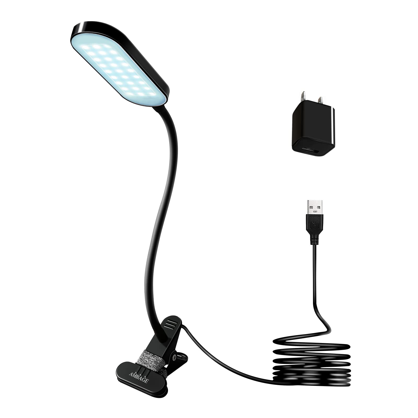 AMBAGE Clip on Desk Lamp,3 Levels Brightness 360° Flexible Gooseneck Reading Lamp for Bed, Touch Control Small LED Clamp Light for Desk Headboard