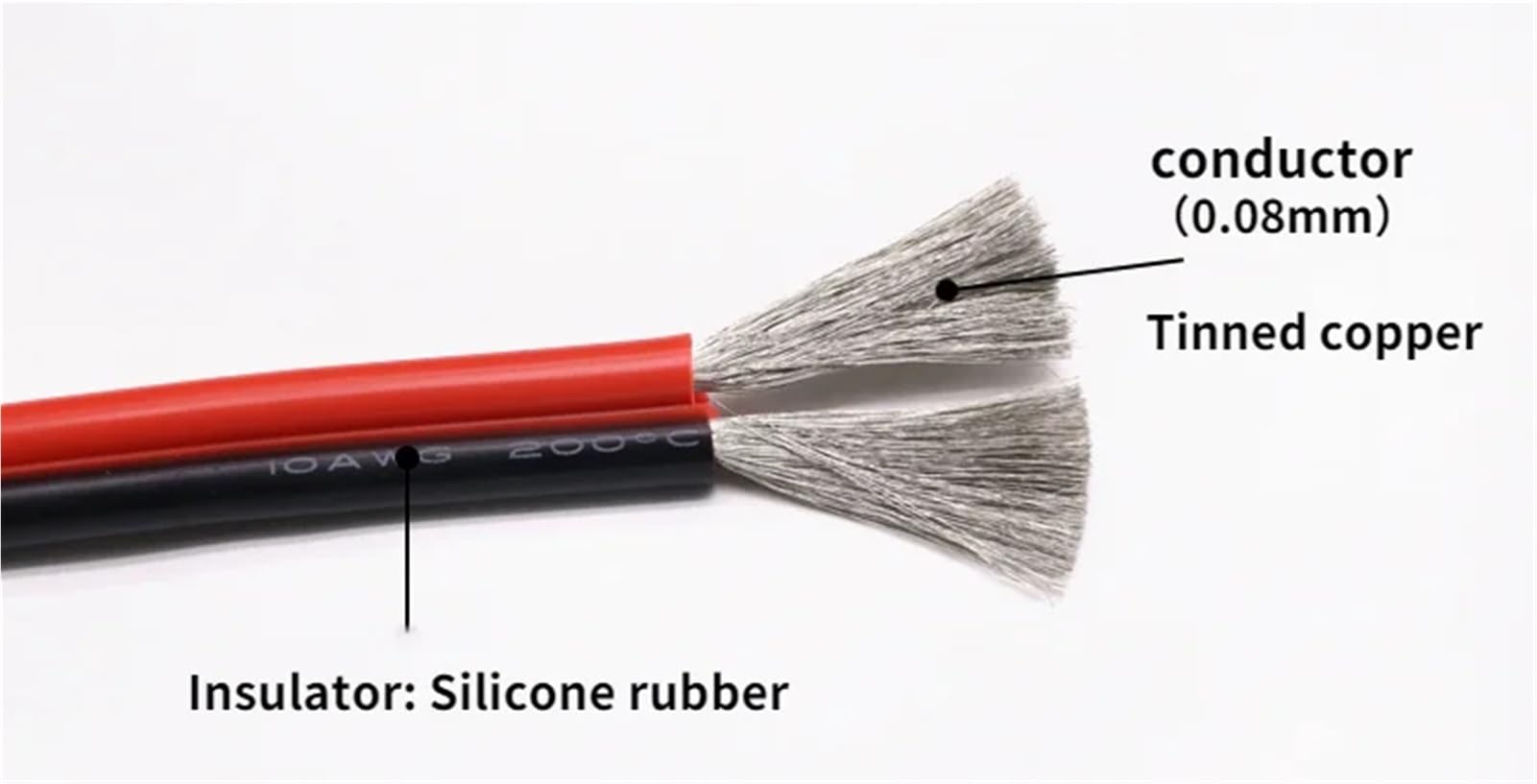 Cable flexible de silicona negra - Cable paralelo de cobre estañado de 10-30 AWG - Clasificación de 600 V, rango de temperatura de -60 a +200 °C(10AWGx2Px5meter)