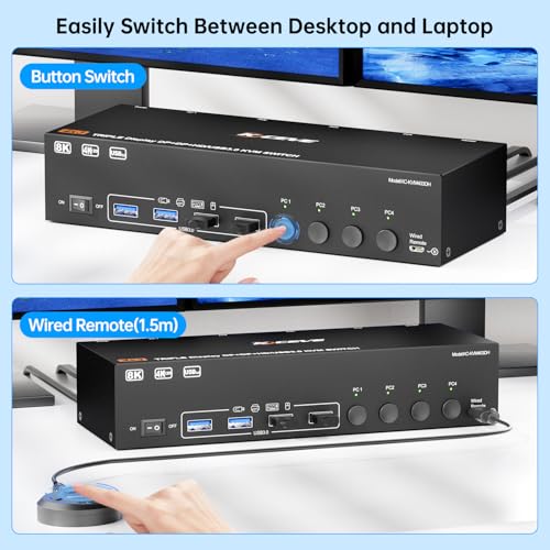 Image of 8K KVM Switch 3 Monitors 4 Computers HDMI+2DP 4USB3.0 for USB Gear | USB3.0 KVM 4 PC Share Triple Monitors, Supports Extended & Copy Mode, Ideal for Home, Office & Programmers