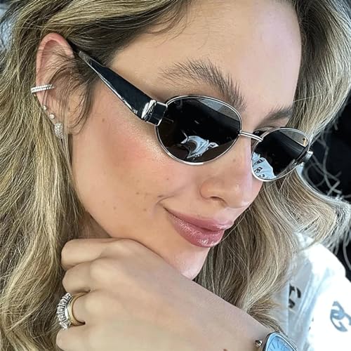 Women Vintage 90s Small Round Sunglasses Men Trendy Narrow Metal Oval Eyeglasses UV4003