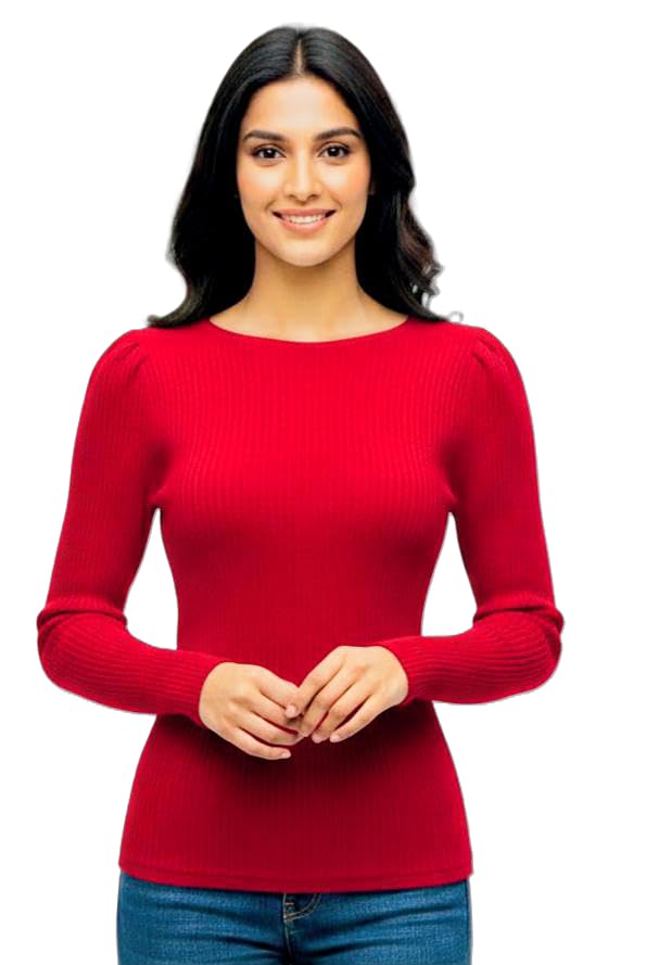 AKR C0LLATION GIRL.AND Women's Classic Ribbed Knit Sweater, Long Sleeve Boat Neck Pullover, Red BLOUSE-picture-19