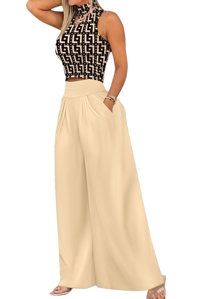 shownicer 2 Teiler Hosenanzug Damen Elegant Zweiteiler Outfit Ärmelloses Tank Top und Hose Freizeitanzug mit Taschen Sommer Loungewear Drucken Streetwear