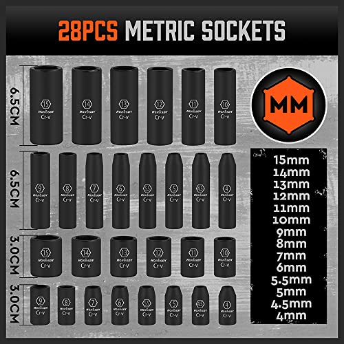 Image of HORUSDY 56-Piece 1 /4 inch Drive Impact Socket Set, Standard SAE (5 /32 to 9 /16 inch) and Metric (4-15mm) Size, 6 Point, Cr-V, 1 /4-Inch Drive Ratchet Wrench, Drive Extension Bar, Impact Universal Joint