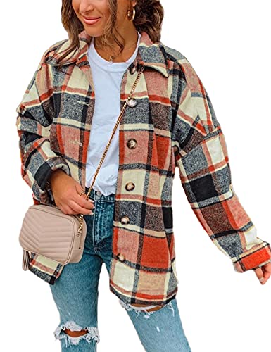 HangNiFang Fall Color Block Orange Plaid Flannel Jacket for Women...
