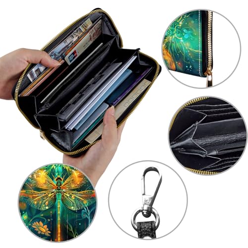Image of Women's Wallets,Credit Card Holder Money Leather Long Wallet with Wristlet,Large Capacity with Zip-Around Phone Purse for Women Ladies Girls,Sparkly Dragonfly