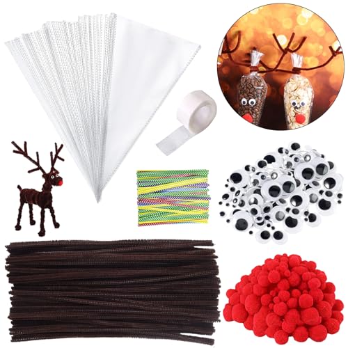 100 Stück Süßigkeiten Tüten Weihnachten, Spitztüten Transparent Cellophantüten 25x13cm mit Pfeifenreiniger Pfeifenputzer Braun Wackelaugen Selbstklebend Rote Pompons für Bonbons Kekse