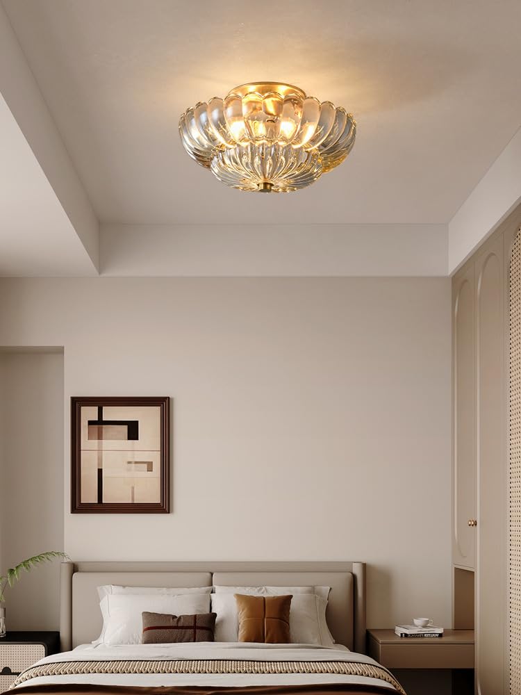 Plafonnier en Verre Cristal 30cm Style Rétro Monté en Surface Luminaire E27 3 Lumières Base en Métal Doré Idéal pour Salon Chambre Couloir Salle à Manger