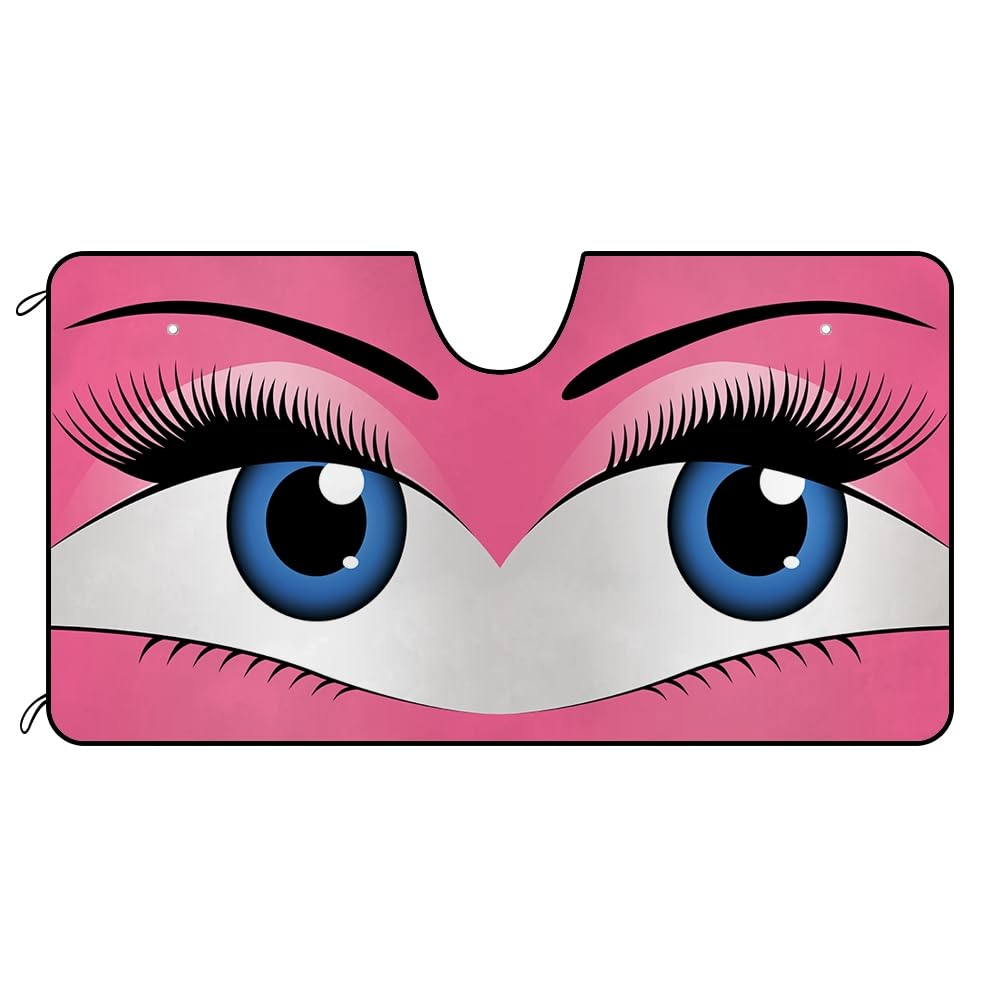 GUGLILI Funny Eyes Car Windshield Sun Shade, Charming Bright Pink Eyes Car Sunshade for Front Windshield, Blocks Heat and Sun 51 X 26.8 Inch