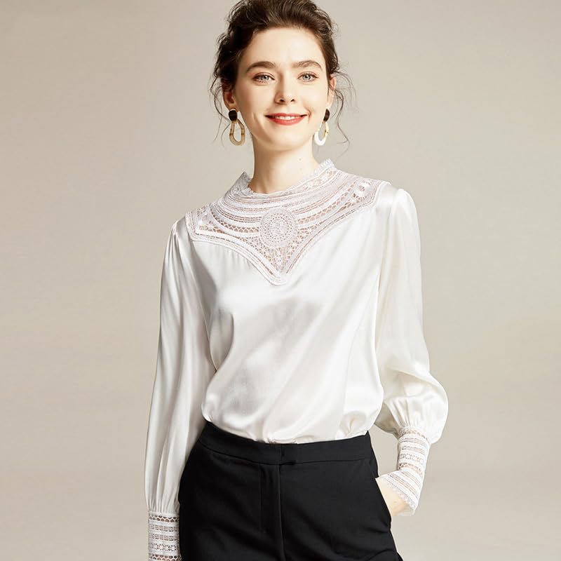 Chemisier en Satin de Soie Unie pour Femme, Manches Longues, Dentelle, col Rond, Chemise de Bureau, Chemise de Printemps (Rose M)