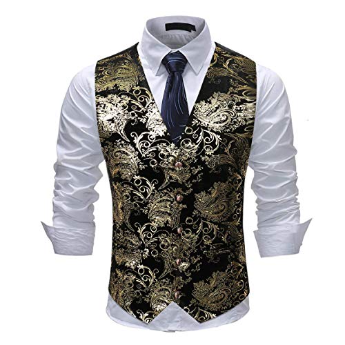 Cloudstyle Mens Single Breasted Vest Dress Vest Slim Fit Button Down Prom Formal Suit Vest Waistcoat,Floral - Gold,X-Large