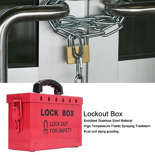 Cassetta Porta Lucchetti in Acciaio Inossidabile Rossa, Capacità 13 Lucchetti, con Maniglia Ergonomica e Coperchio a Cerniera per Sicurezza Industriale Lockout Tagout