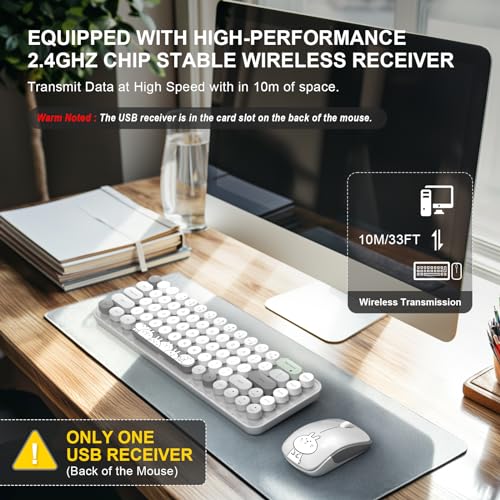 Image of FOPETT Wireless Keyboard and Mouse Cute Mouse and Keyboard 2.4G Wireless Keyboards with Colorful 68 Keys Typewriter Retro Round Keycap for PC, Laptop,Tablet,Computer Windows - Grey Colorful