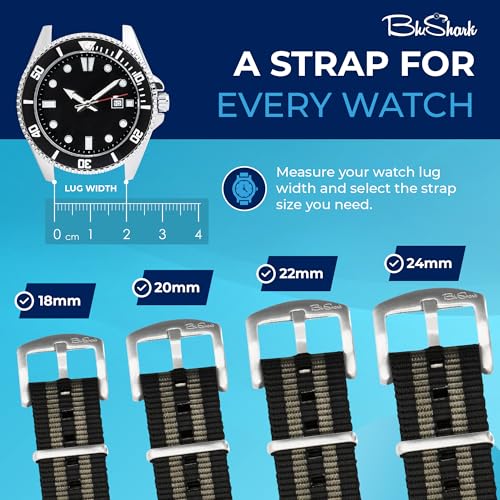 Image of BluShark - Original Collection Military-Style Waterproof Watch Strap, Fits All Timepiece Brands, Durable Nylon Wristwatch Accessories with Stainless Steel Buckle - 18mm, 20mm, 22mm & 24mm Watch Bands