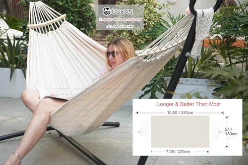 Image of GOCAN Double Hammock 2 Person Large 220x150cm with Steel Stand and Removable Spreader bar Load 500lb, Canvas Cotton Hammocks for Patio Porch Garden Backyard Outdoor and Indoor