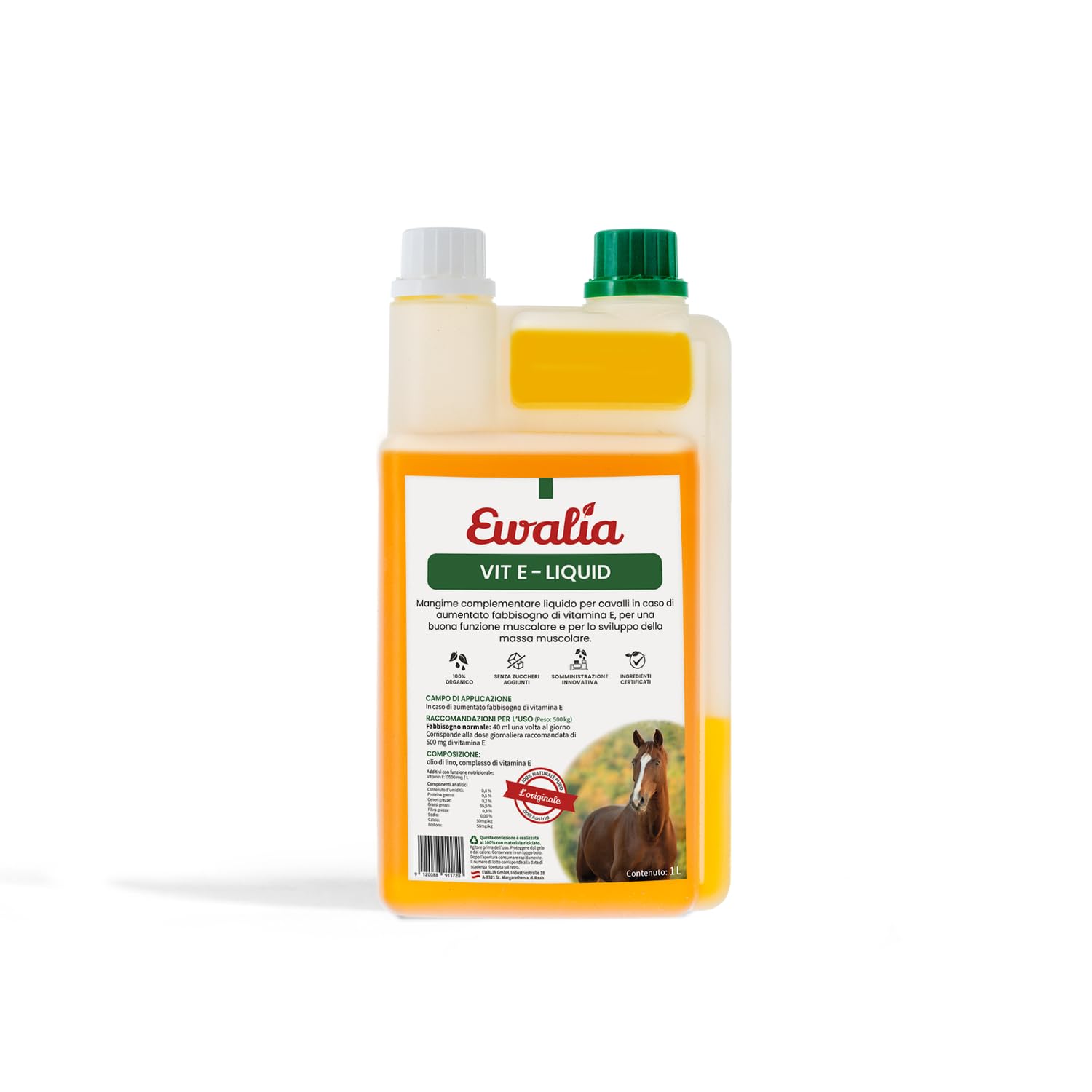 EWALIA Vitamina E – Potente supporto per muscoli e vitalità, vitamina E naturale per il vostro cavallo, sviluppato con veterinari, 100% pura natura, priva di additivi, 1 l