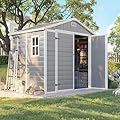 LUXOAK 8 x 6 FT Resin Storage Shed with Floor, Tool Shed Outdoor Storage with Window, Vents, and Stainless Steel Cores, for Lawnmowers/Bicycles/Pool Supplies, Grey
