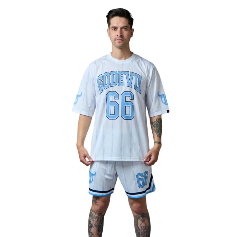 Go Devil66 Printed Polyester Navy Co-ord Set for Men Drop Shoulders/Baggy T-Shirts (White-Red)