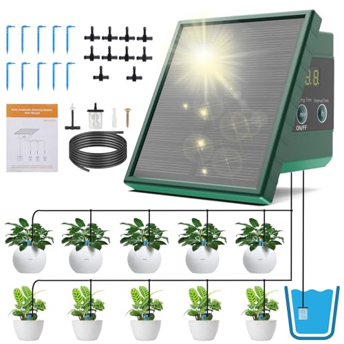 Aceshop Sistema de Riego Solar, Sistema de Riego Automático para Jardín con 10Modos de Temporizador Kit Riego por Goteo Automatico Riego Solar con Manguera de 10M para Jardín Plantas de Balcón Verdura