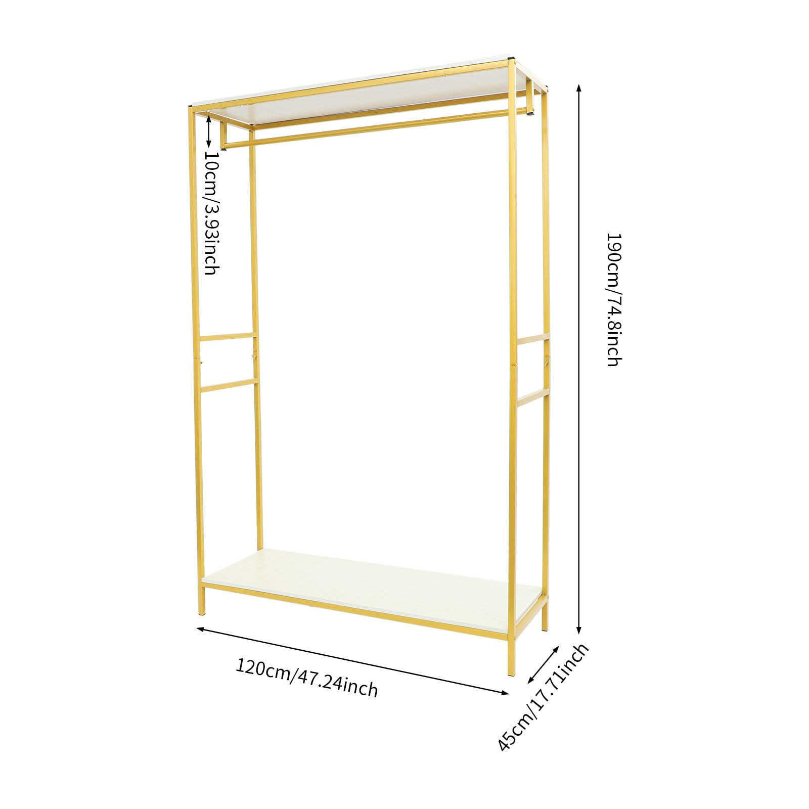 Freistehend Kleiderständer, Gold Garderobenständer, 120x45x190cm | Rechteckig Klamotten Ständer bis 5KG, Metall Kleidung Schiene für Waschküche, Wohnzimmer, Geschäften