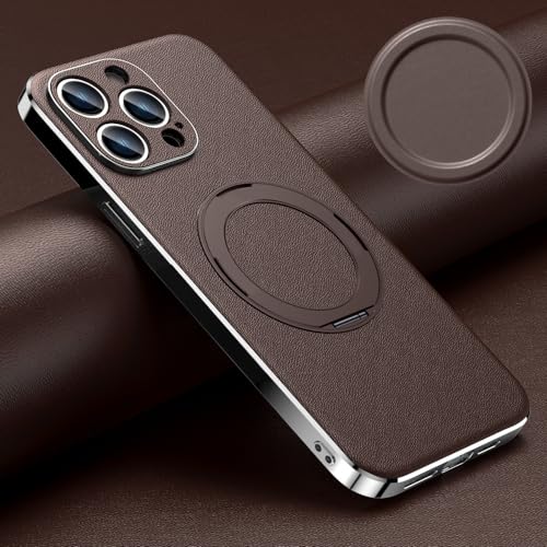 Protection objectif iPhone 14 Pro en cuir : étui magnétique antichoc avec béquille marron