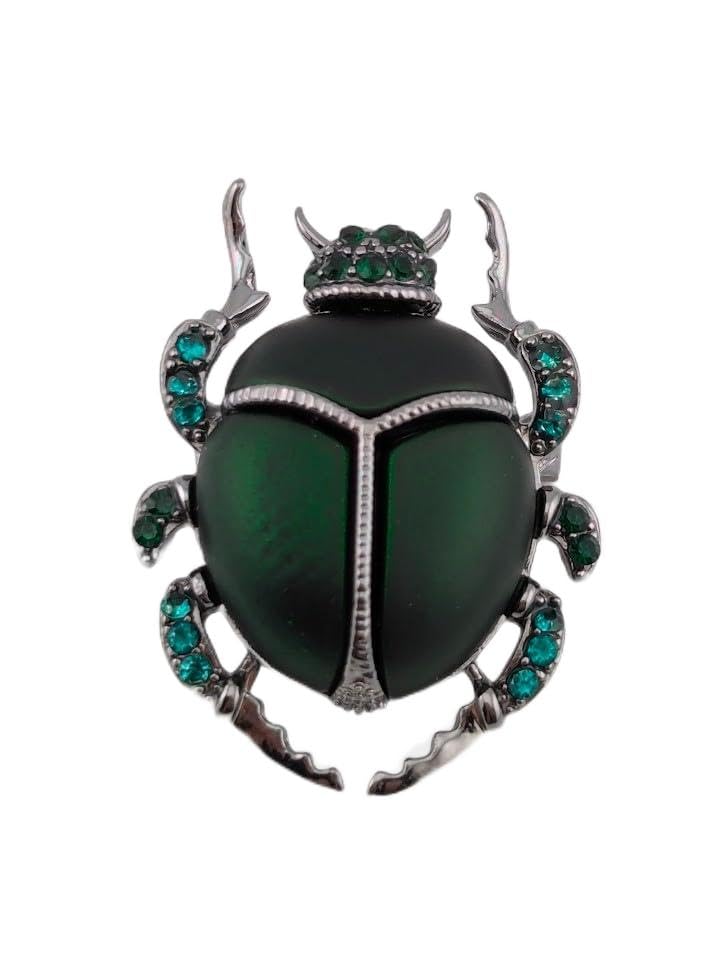 Image of Iridescent Glass Scarab Beetle Brooch deep green & gunmetal color insect pin Egyptian Revival