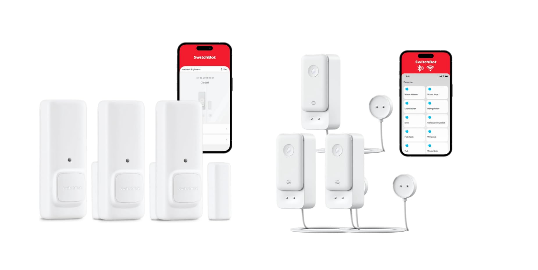 SwitchBot Tür-/Fensterkontaktsensor 3er Pack + WLAN Wassermelder Set – Kompletter Schutz gegen Einbruch & Wasserschäden, Tür-/Fensterüberwachung mit Wasserleck-Alarm, 100dB Sirene, App-Benachrichtigun