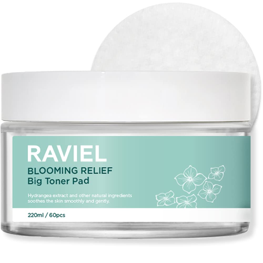 RAVIEL Blooming Relief Big Size Exfoliating Toner Pad, 7.5 fl oz, 60 Pads, for Blackheads, Breakouts, Enlarged Pores, Hydrangea Macrophylla Flower Extract, All EWG Green