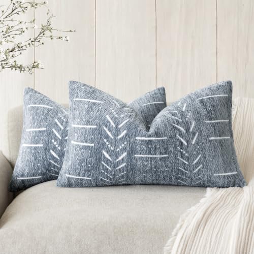 Image of Foindtower Set of 2 Decorative Chenille Jacquard Throw Pillow Covers Textured Farmhouse Lumbar Cushion Covers Modern Boho Accent Home Decor for Sofa Chair Couch Bedroom Living Room,12x20 Inch,Blue
