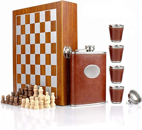 Image of Iktu Wooden Chess 235ml Brown Leather Hip Flask Set - Stainless Steel Flasks with Funnel and 4 Shot Glasses Gift Box