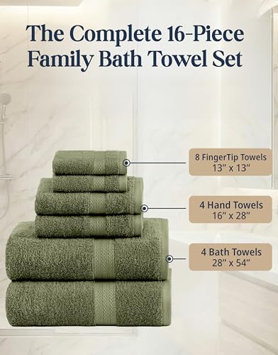 Image of Lane Linen 100% Cotton Luxury Bath Towel Set - 16 Pieces - Ring Spun, Super Soft & Highly Absorbent - 4 Bath, 8 Washcloths, 4 Hand Towels for Bathroom - Minimal Lint & Fading, Pre Shrunk - Olive Green