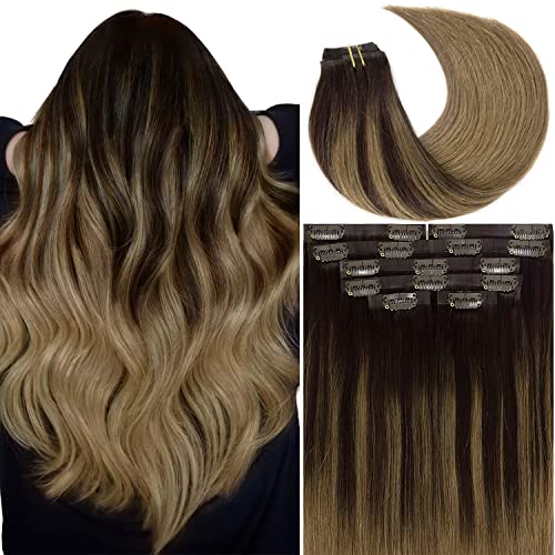 Lacer Hair Clip in Hair Extensions Remy Human Hair Ombre Dark Brown Fading to Chestnut Brown Thick Natural Hair Clip in Extensions Silky Invisible Weft 7pcs 110g 14 Inch Real Hair