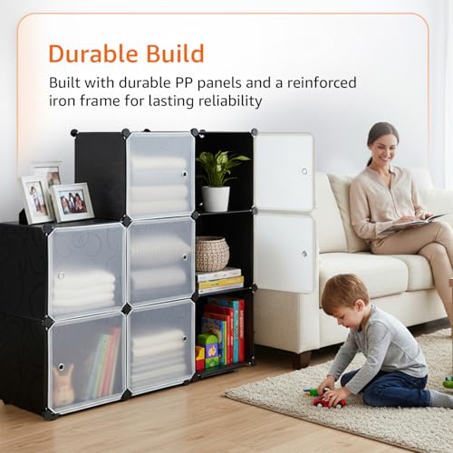 Image of Amazon Basics Plastic Modular Wardrobe Storage Cabinet for Home | 8 Cube Organizer with Doors | DIY Foldable Closet for Clothes, Shoes & Accessories | Black | 75 x 37 x 146 cm