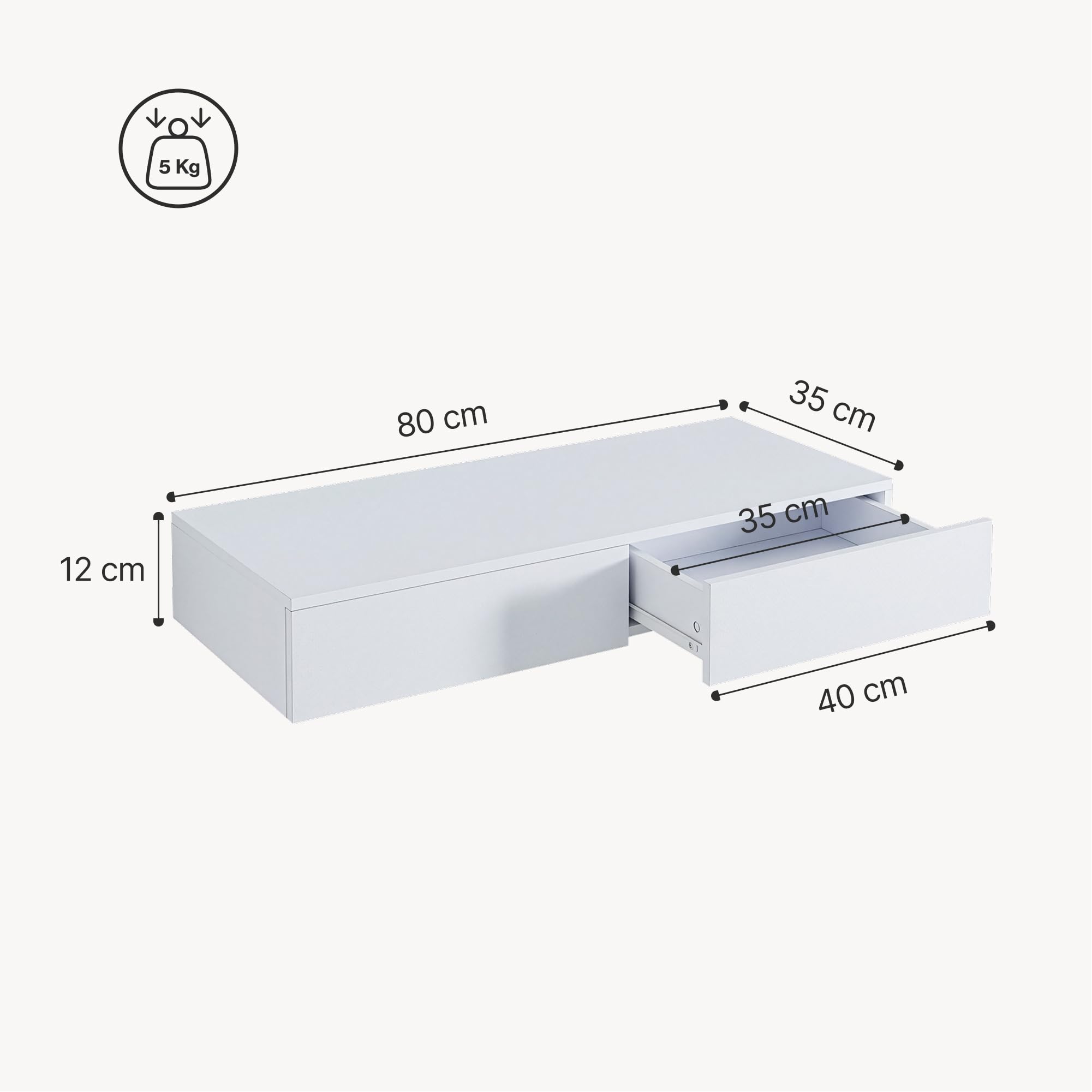 [en.casa] Mensola con 2 Cassetti Affiancati Consolle da Parete con Doppio Cassetto Mensola da Muro Comodino Sospeso 80 x 35 x 12 cm - Bianco